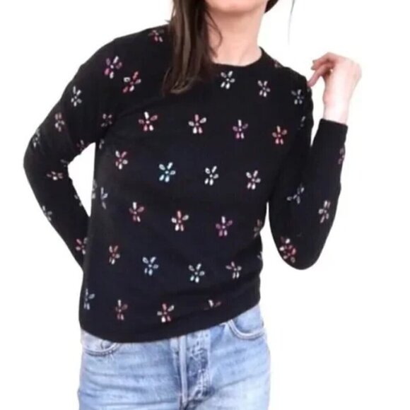 Talbots Cashmere Black Floral Pullover Sweater Lightweight Women Size M - Picture 1 of 5